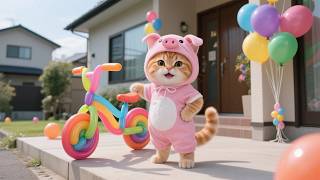 Ginger kitten creatively builds a bike out of colorful balloons, mama cat is impressed 🎈🐱