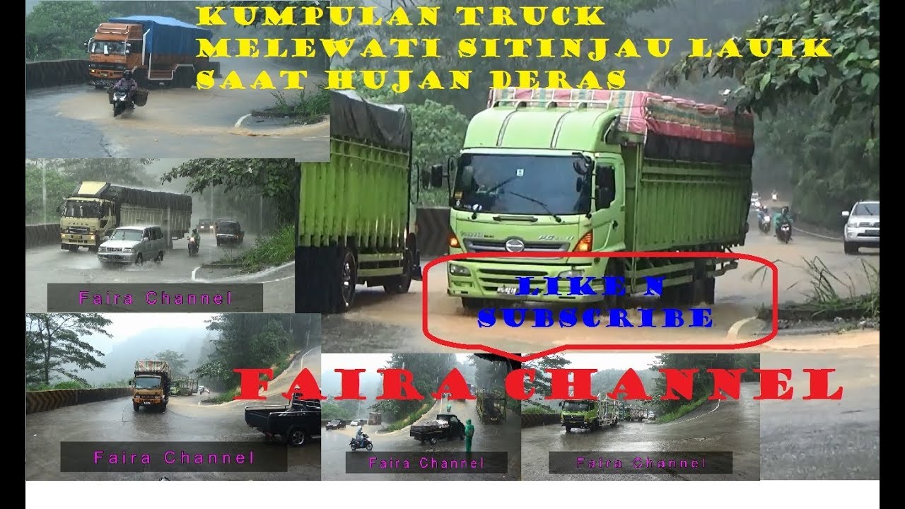 kumpulan truk Yang melewati Jalur sitinjau Lauik saat hujan deras