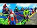 Motorbike and spiderman spiderman  motorcycles on cars parkour obstacles with superheroes 102