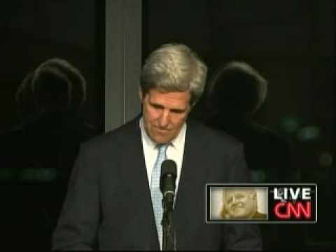 Massachusetts Senator John Kerry speaks at the memorial service for Sen. Edward Kennedy at the JFK Presidential Library in Boston. Kerry said that "he labored with all of his might to make health care a right for all Americans... And we will do that in his honor."