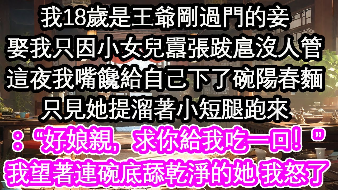我18歲是王爺剛過門的妾娶我只因小女兒囂張跋扈沒人管這夜我嘴饞給自己下了碗陽春麵只見她提溜著小短腿跑來：“好娘親，求你給我吃一口！”我望著連碗底舔乾淨的她 我怒了【花開】【愛情】【生活】