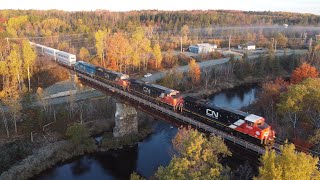 Awesome Aerial View! Long Stack Train CN 120 thru Oxford Jct, NS at Track Speed during Golden Hour