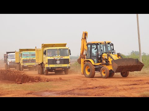 JCB 3dx Backhoe Loading Mud in BharatBenz 3128, Tata 3118 and Ashok Leyland 2518 Hyva