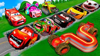 Mega pits with Zombie McQueen & Pixar Cars Vs Big & Small Lightning McQueen! BeamNG Drive Battle!