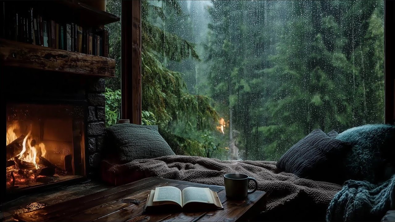 Heavy Rain on Window & Crackling Fireplace Sounds | Cozy Cabin Ambience ...
