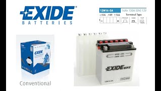 Batería Exide Moto 12V Conventional 12N14-3A. 14Ah - 130A(EN) 12V.  (135x90x165mm) - VT BATTERIES