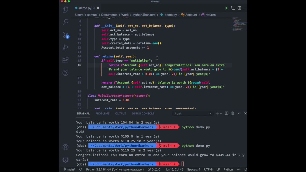 More Python OOP concepts, methods, & calculating interest rates ...