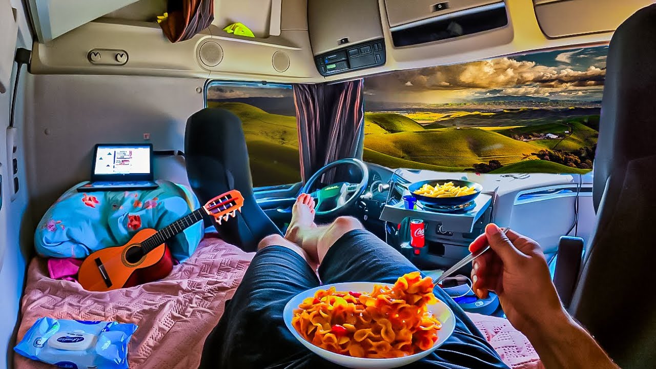 мой грузовик застрял на улице - ночная рутина и стряпня усталого дальнобойщика