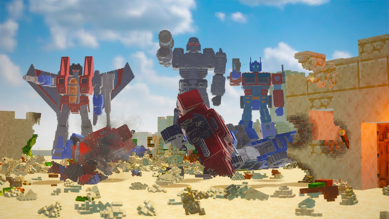 Guided missiles against Transformers that attacked a village in Minecraft Megа Teardown