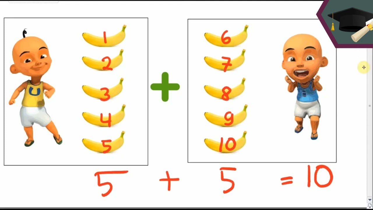 2  Belajar berhitung pisang nanas alpukat penjumlahan anak TK SD bersama upin ipin