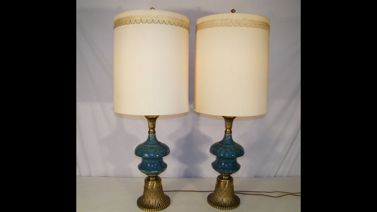 Pair Antique 50 S Rembrandt Turquoise Blue Pottery Brass Table Pair Antique 50 S Rembrandt Turquoise Blue Pottery Brass Table Lamps