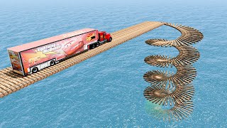 Mack Truck vs Impossible Log Spiral Wave Bridge Crossing Cars Vs Deep Water - BeamNG.Drive