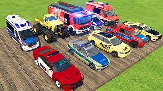 TRANSPORTING POLICE CARS, FIRE TRUCK, CARS, AMBULANCE, MONSTER TRUCK OF COLORS! WITH TRUCKS! - FS 22