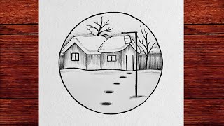 Kış Manzara Resmi Çizimi Nasıl Yapılır - Kış Evi Resmi Çizimi - Çizim Mektebi Karakalem Manzara Kış