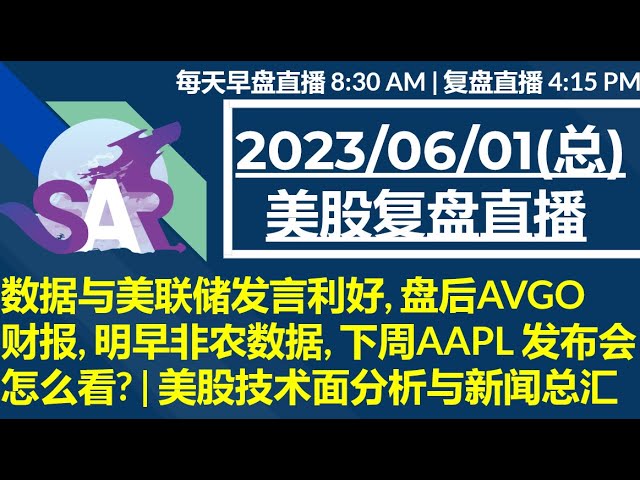 美股直播06/01[复盘] 数据与美联储发言利好, 盘后AVGO 财报, 明早非农数据, 下周AAPL 发布会怎么看? | 美股技术面分析与新闻总汇