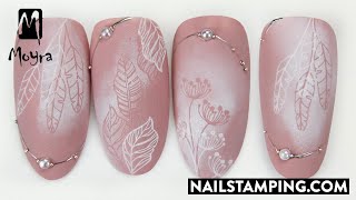 White stamping design with beads (nailstamping.com)