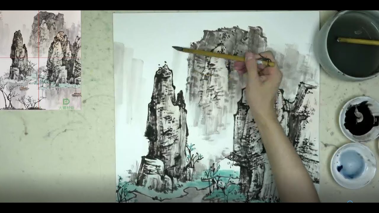 国画山水课程第二十四节课，漓江归舟图，详细解析现代山水白雪石画作的