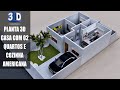 Planta 3D | Casa 6,5x6M com Dois quartos e Cozinha Americana | Arquise