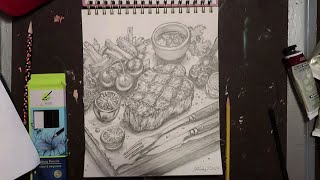 Drawing My Dinner (Steak and Tomatoes) - Part 2 (Full Drawing Long) 🥩🍅✏️
