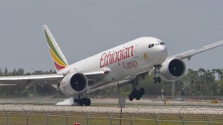 Plane Spotting Ethiopian B777 Loses Control HARD Landing | Miami Int'l Airport