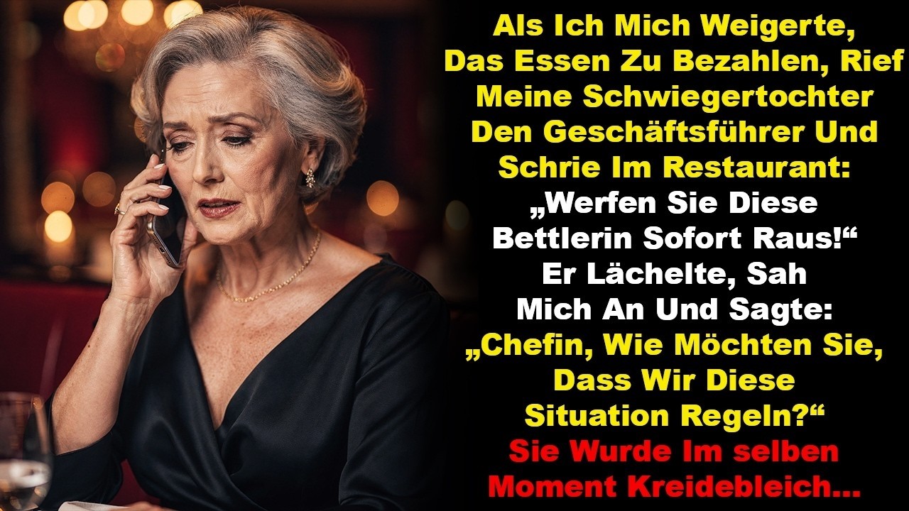Ich dachte, ich wäre nur zum Abendessen eingeladen, aber meine Schwiegertochter schrie mitten im feinsten Restaurant der Stadt: „Schaffen Sie diese Bettlerin sofort hier raus!“ Sie zeigte mit dem...