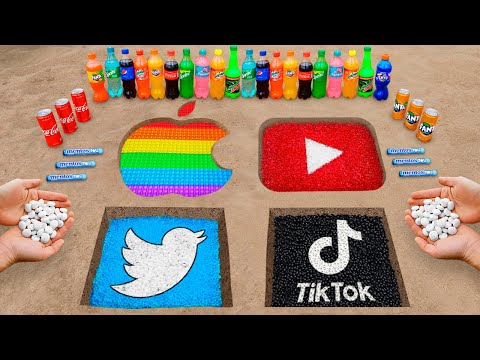 Apple, YouTube, Twitter, and Tik Tok Logo in the Hole with Orbeez, Popular Sodas & Mentos