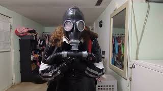 PVC Black Dress and Gasmask Breathing Backpack