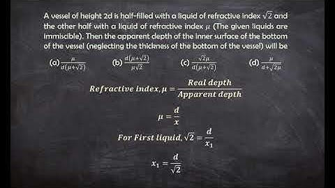 A vessel of height 2d is half-filled with a liquid of refractive index √2 and the other half with a