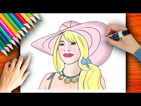 Desenho de Barbie colocando um chapéu para colorir