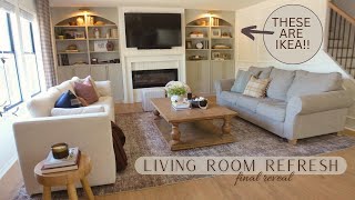 PAINTING IKEA FURNITURE TO LAST | LIVING ROOM REFRESH REVEAL | DIY ARCHED BOOKSHELVES (IKEA DUPE)