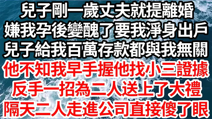 儿子刚一岁丈夫就提离婚，嫌我孕后变丑了要我净身出户，儿子给我百万存款都与我无关，他不知我早手握他找小三证据，反手一招为二人送上了大礼，隔天二人走进公司直接傻了眼【伦理】【都市】 - 天天要闻