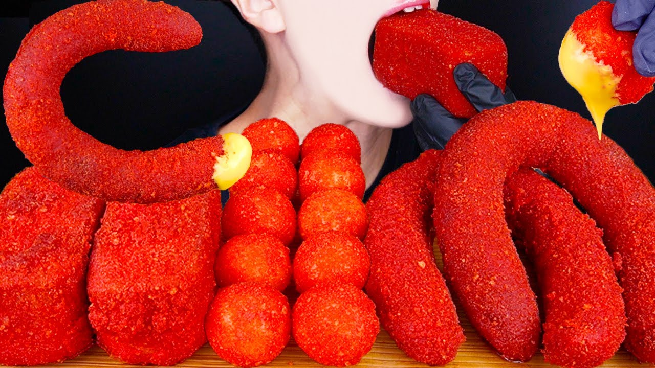 ASMR CHEESY HOT CHEETOS KIELBASA SAUSAGE SPAM MOZZARELLA CHEESE BALLS