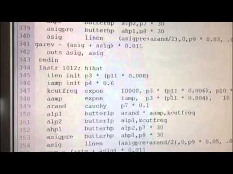 Electronic Csound music with algorithmic generated score. Amplitude modulated synthesizer