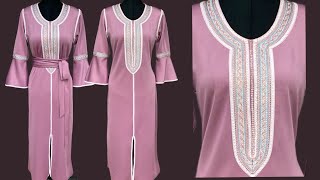 caftan sewing خياطة موديل قفطان وطريقة تنسيق الأشرطة على الصدر