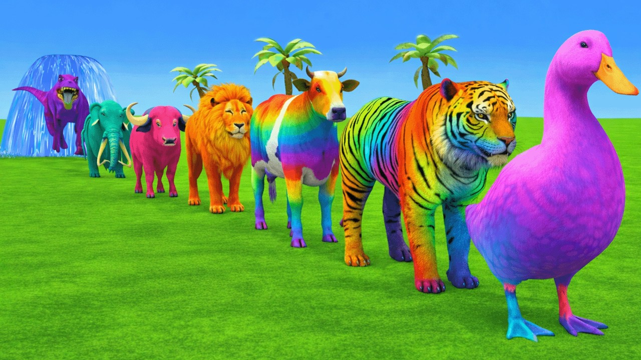 Long Slide Game With Elephant Gorilla Buffalo Hippopotamus Tiger - 3d Animal Game - Funny 3d Animals