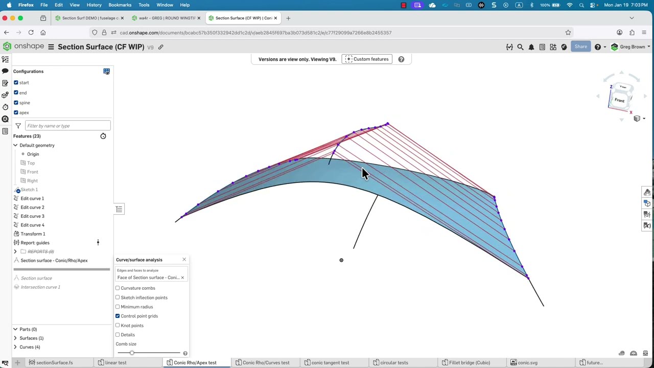 Deep dive into Conics with Onshape.  Check out the progress on my "Section Surface" (Custom Feature)