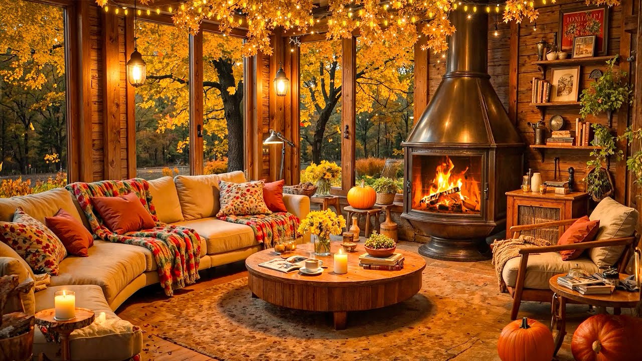 Уютная осенняя атмосфера у камина 🍂 Нежный джаз и потрескивание камина для спокойствия и учёбы