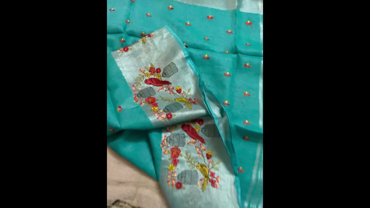 Pure linen saree with silver zari boarder and embroidered by sach Garnish Handloom Store💐