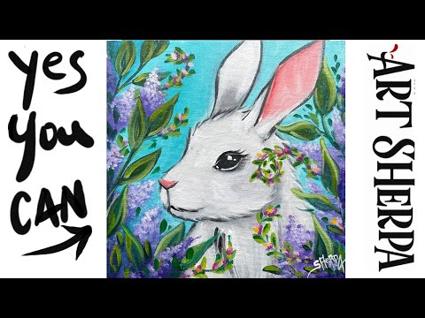 Bunny Rabbit with lilac Flowers 🌟🎨 EASY How to paint acrylics for beginners: Paint Night at Home