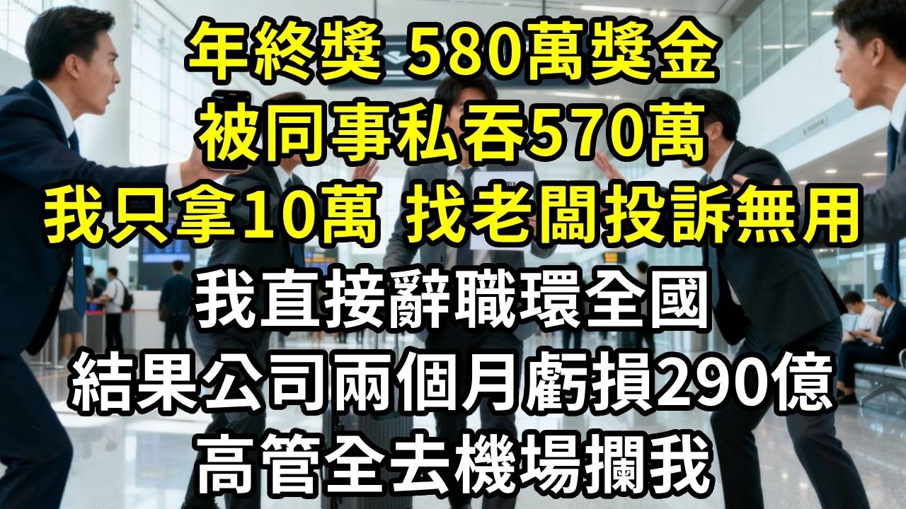 年終獎五百八十萬獎金，被同事私吞五百七十萬，我只拿十萬，找老闆投訴無用，我直接辭職環全國，結果公司兩個月虧損兩百九十億，高管全去機場攔我#高田小說社
