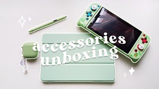 chill unboxing & haul | green aesthetic 🍵 nintendo switch + samsung galaxy tab s6 lite