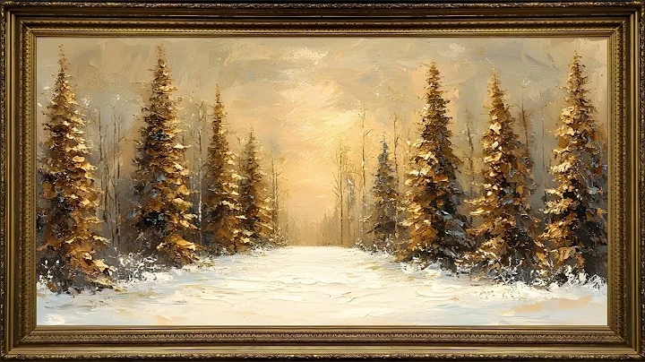 Golden Pine Forest Winter Landscape, Vintage Christmas Oil Painting | 4K Framed TV Art Screensaver