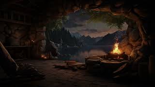 Unveiling the Serenity of a Mystical Cave with Gentle Rain and a Lakeside Campfire