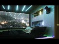 Capsule hotel bedroom with town night view | rain on window | city white noise