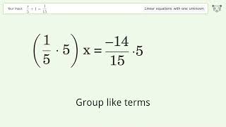 Linear equation with one unknown: Solve x/5+1=1/15 step-by-step solution
