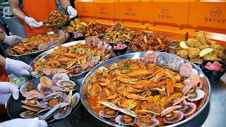 A huge tray full of seafood!! Giant Tray Seafood Scallop Chicken , jjimdak / korean street food