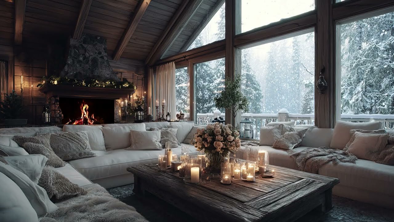 Beautiful Snowfall Outside a Warm Cabin: Relaxing Piano Music with Crackling Fireplace