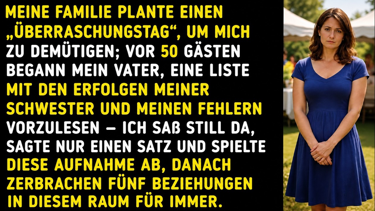 Meine Mutter lud mich zu einem Familienüberraschungstag ein. Ich dachte, es wäre etwas Schönes. Stattdessen standen fast fünfzig Leute im Hinterhof, und mein Vater las eine Liste vor: die Erfolge...