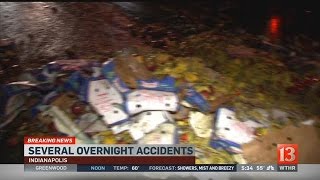 Overturned semi full of mangoes closes ramp from I-70 to I-65 in north split (5:30am update)
