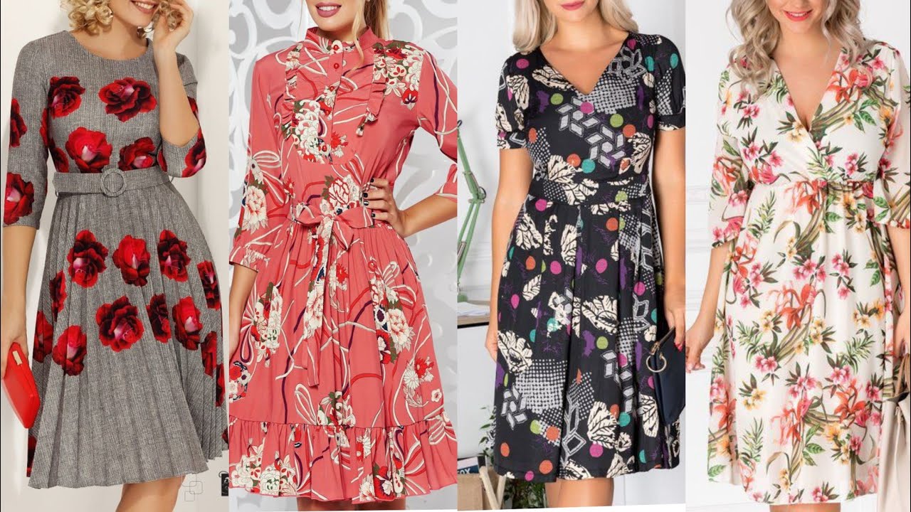 Latest floral print casual wear cotton fabric women A-line dresses ...